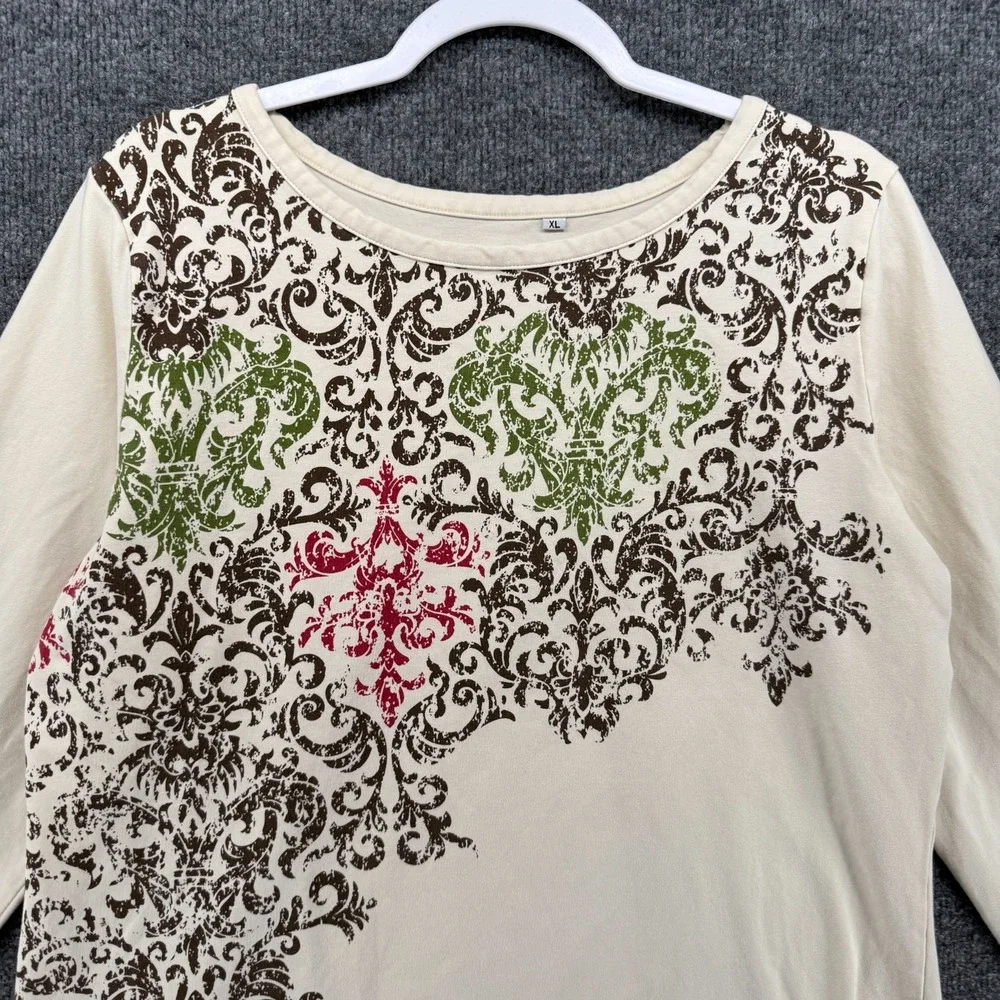 Acacia Top Women XL Cream Cross Graphic Round New Long Sleeve Y2K Casual